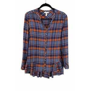 Matilda Jane General Store Tunic Top M Blue Orange Plaid Ruffle Hem Rayon Peplum